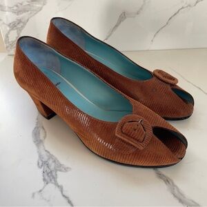 Thierry Rabotin comfort peep-toe pumps brown lizard embossed leather buckle 39 9